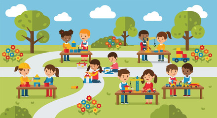 Fototapeta premium Children enjoy playing with diverse toys and building blocks at tables in a vibrant, sunny park filled with trees and flowers.