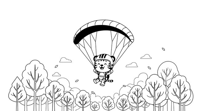 A cartoon tiger joyfully descends from the sky, wearing a helmet and using a parachute, amidst a forest