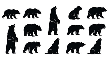 Fototapeta premium Bears are depicted in various poses and silhouettes against a clean white background.