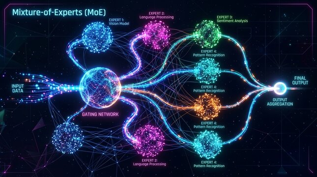 Stylized visualization of a Mixture of Experts neural network routing tokens to multiple expert clusters.