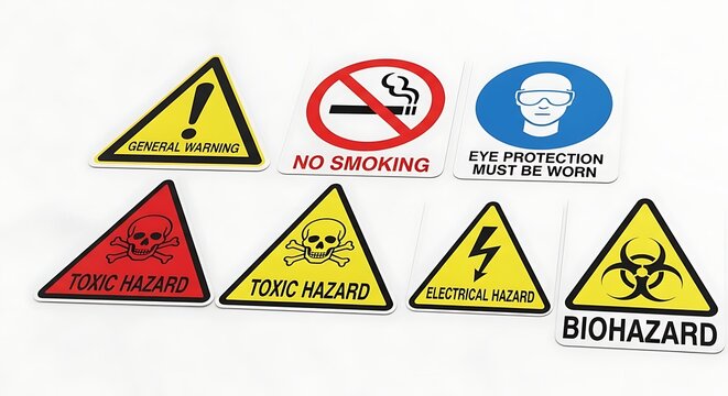 "Workplace Hazard Signs &ndash; Warning Symbols Set on White Background"