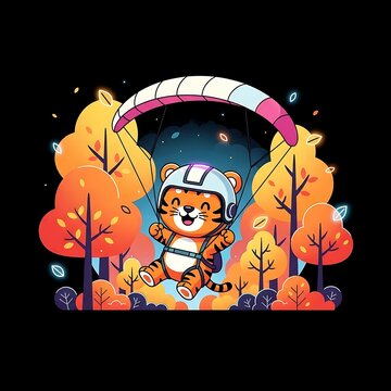 A cartoon tiger joyfully skydiving in an autumnal forest with a colorful parachute and trees against a dark background