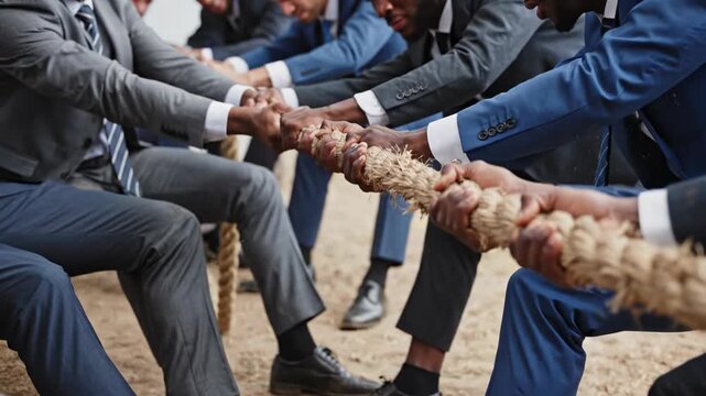 Businessmen in suits competing in a tug of war
