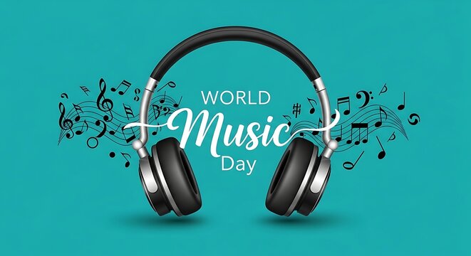 World music day celebration with headphones and musical notes on teal background