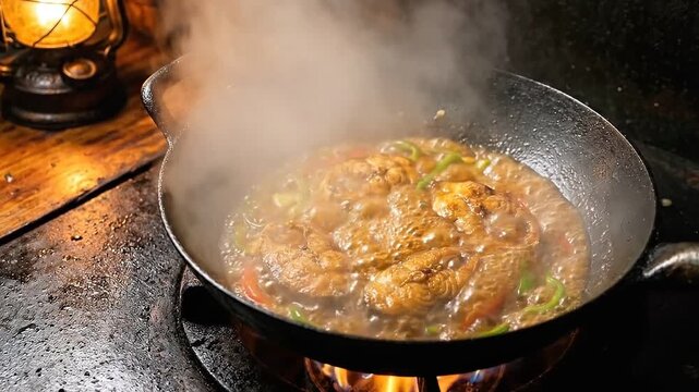 Rustic Iron Wok Bubbling Catfish Steaks in Spicy Sauce Sizzling