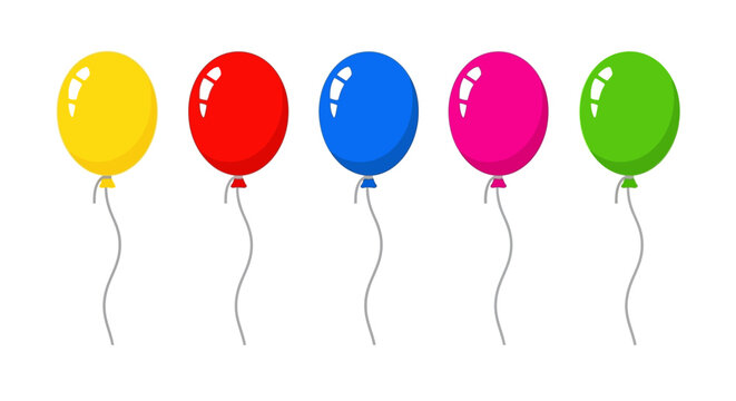 A vibrant row of five colorful balloons, yellow, red, blue, pink, and green, floats gently, each with a thin white string trailing down