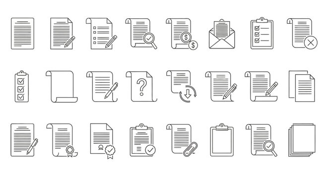A collection of document icons, including notes, paperwork, and legal documents, useful for business and administrative tasks