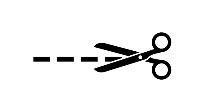 Vector graphic icon of sharp scissors cutting along a precise dotted line, symbolizing removal, separation, or a designated area for trimming and alteration