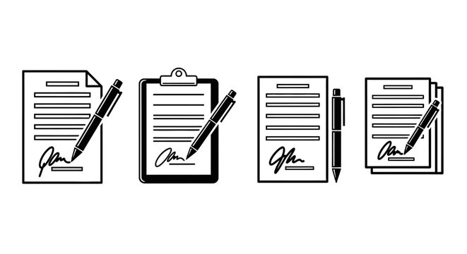 Set of minimalist vector icons depicting document signing, contract agreements, and official paperwork completion with a pen