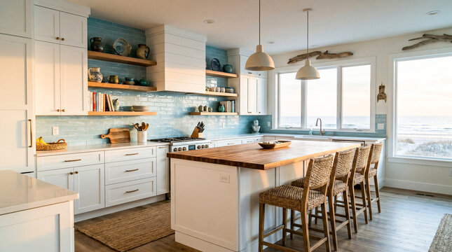 modern coastal style kitchen with open shelving and a glossy light blue subway tile backsplash
