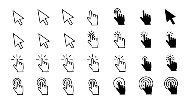 Collection of diverse computer cursor icons representing pointer, click, and selection actions for digital interfaces and web design