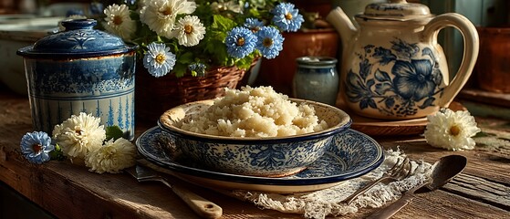 Fototapeta premium Blue ceramic bowl of rice in charming rustic floral setting image