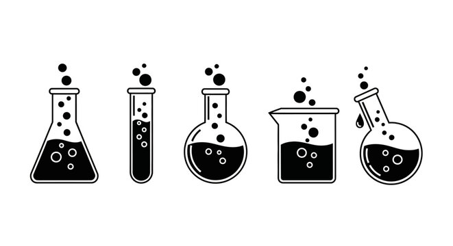 Set of diverse chemistry laboratory beakers and flasks with active bubbling solutions, symbolizing scientific experiments and research