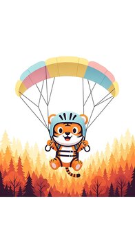 A cartoon tiger wearing a helmet and backpack parachuting over a stylized forest. Vivid colors and an upbeat vibe