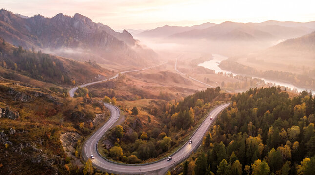 Create road, sceneic background, arial view