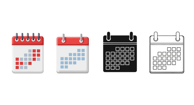 Set of Four Calendar Icons Representing Dates and Planning with Grid Layouts and Different Color Schemes