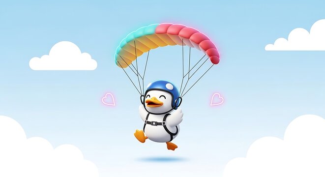 A cartoon duck with a helmet and parachute soaring through a sunny blue sky, hearts beside it