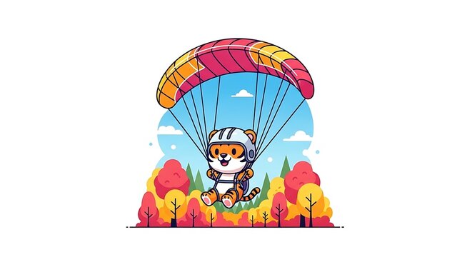 A cartoon tiger wearing a helmet and parachute floats through the air over an autumn forest under a clear blue sky