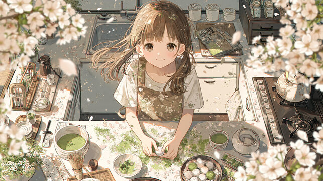 Anime girl cooking in a cozy spring kitchen with cherry blossom petals, soft and peaceful lifestyle scene,春のキッチンで料理をする優しい雰囲気のアニメ美少女、桜の花びらが舞う癒しのクッキングシーン