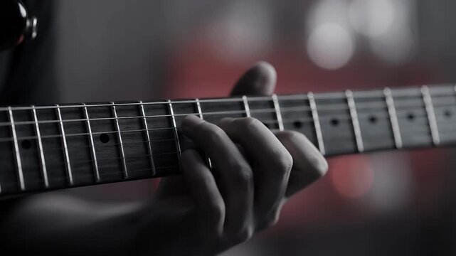 A close-up shot of a person hand playing a musical instrument, focusing on the strings and frets