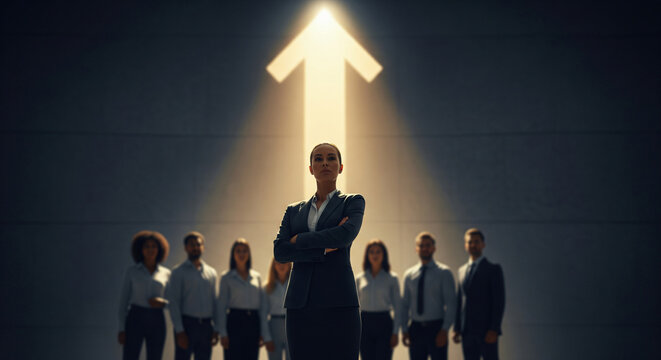 Confident businesswoman smiling, crossing arms in a corporate office with diverse team members standing behind