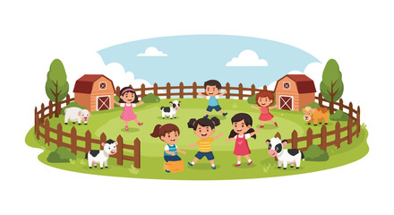 Naklejka premium Happy children are playing and dancing with cute calves in a sunny farm field surrounded by wooden fences, small barns, and lush green trees.