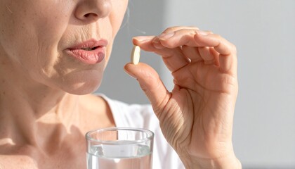 Fototapeta premium Mature woman's hands holding a yellow capsule, ready to take daily medication or vitamin supplement with a glass of water for maintaining wellness and health routines