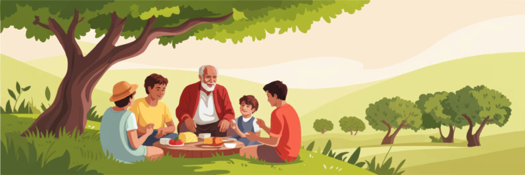 Happy multigenerational family picnic under big tree in sunny countryside landscape, warm summer outdoor gathering illustration