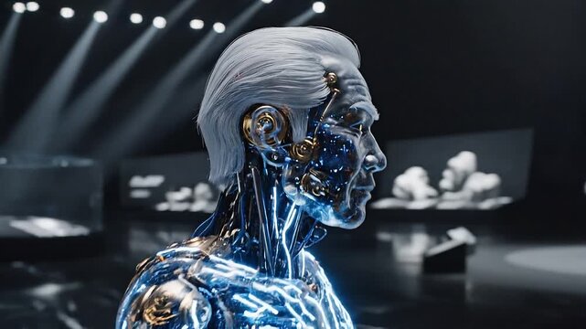 Thoughtful futuristic cyborg with silver hair. Side profile of an advanced android robot revealing powerful artificial intelligence technology