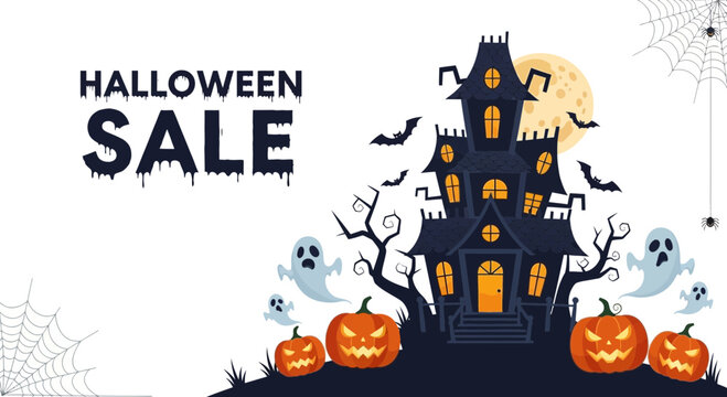 Halloween Sale Haunted House with Pumpkins, Ghosts, Bats, and Full Moon