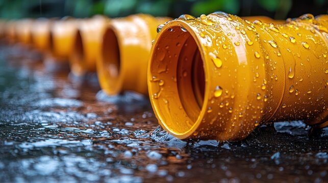 Closeup of yellow plastic drainage pipes