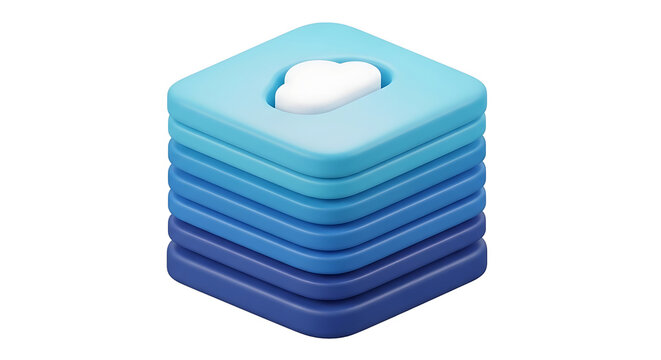 Gradient blue stacked squares topped with a white cloud, an abstract icon for modern cloud storage, data management, and digital infrastructure