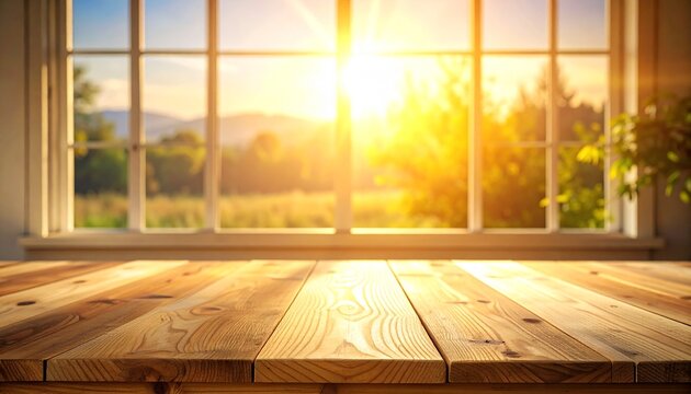 Wooden table surface with soft sunlight from window overlooking mountain landscape, natural wood grain in warm golden light, mockup background