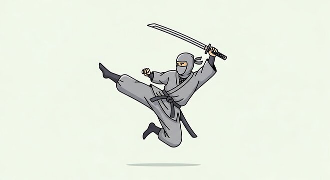 A cartoon ninja in a gray outfit leaps, kicking with one leg while wielding a katana. Set against a light background