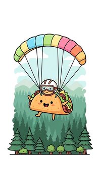 A cartoon taco with a helmet and parachute soars through the sky above a lush green forest, bright and cheerful