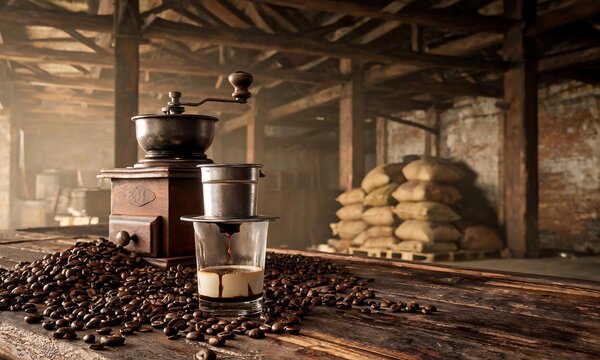 Traditional Vietnamese coffee preparation a vintage hand grinder and phin filter craft an aromatic brew, surrounded by roasted beans in a rustic warehouse setting