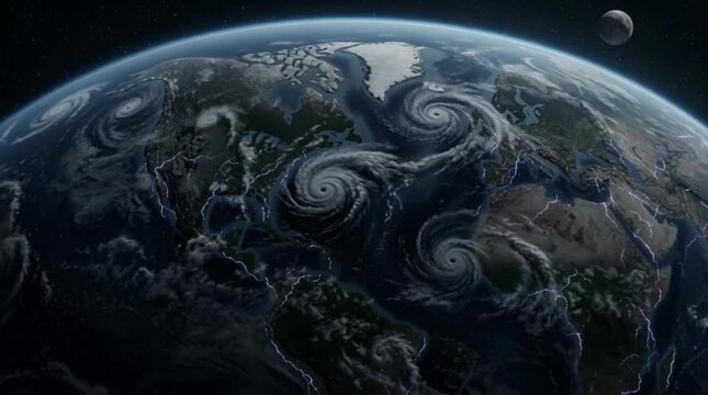 A dramatic animation of Earth from space showing massive cyclones and purple lightning strikes across the continents, with the moon in the background. Illustrates extreme global weather.