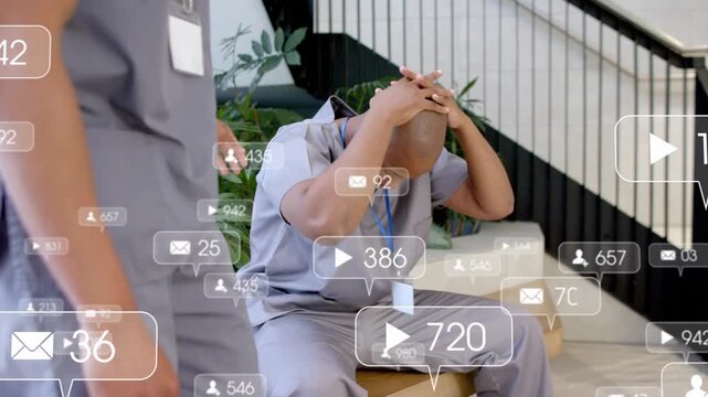 Medic sitting covering face bench, alerts multiplying, peer entering placing hand offering care