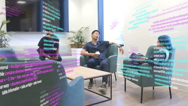 Left man standing, pointing at monitor, center turning with cup, code shifting, discussing care