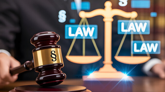 Embodying legal authority and impartial judgment, a gavel and the scales of justice stand as powerful symbols of law, order, and fairness in a court setting