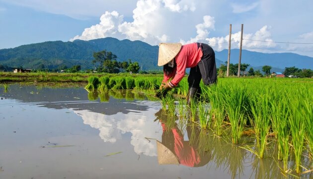 Farmer Planting Rice Seedlings in a Lush Green Paddy Field Under a Blue Sky.