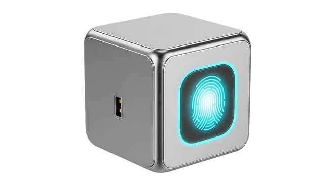 Futuristic Biometric Cube With Glowing Fingerprint Sensor Security Technology