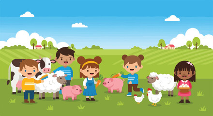Obraz premium The image shows five diverse children happily interacting with farm animals like cows, sheep, pigs, and chickens in a green field under a sunny sky.