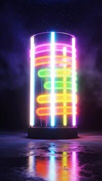 Rotating neon beam in five colors with bright lights and reflections in a dark setting at night