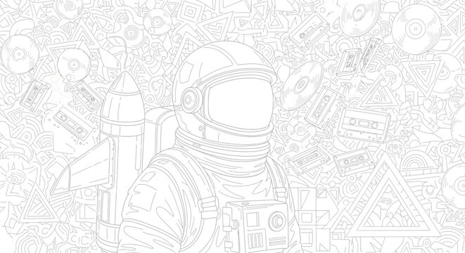Astronaut with rocket pack and retro music icons line art