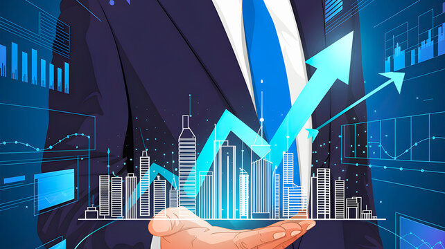 business growth concept, charting upward trend with skyscrapers and glowing data visualizations in abstract illustration