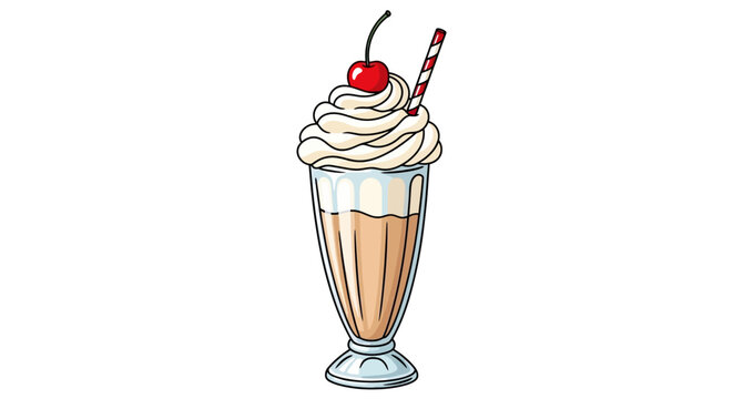 Hand drawn illustration of a milkshake with whipped cream, cherry and straw