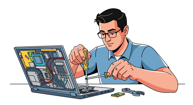 Computer Repair Service: Man Fixing Laptop with Screwdrivers, Technical Support Illustration