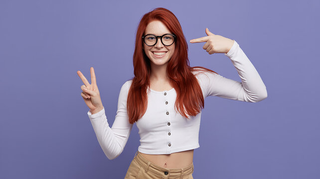 A studio portrait against a solid purple background