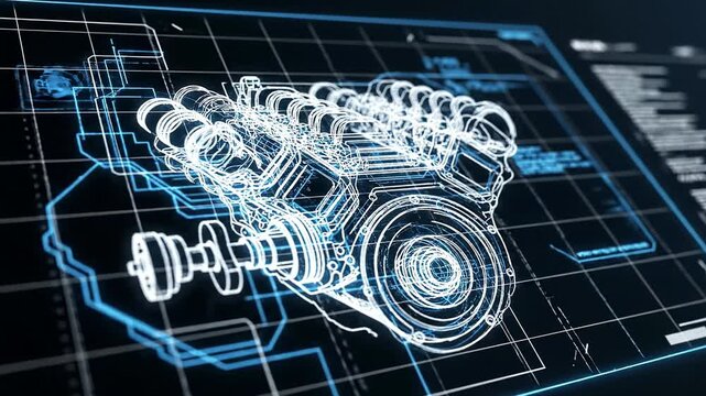 A blueprint-style image of a complex engine component on a grid background with blue lines